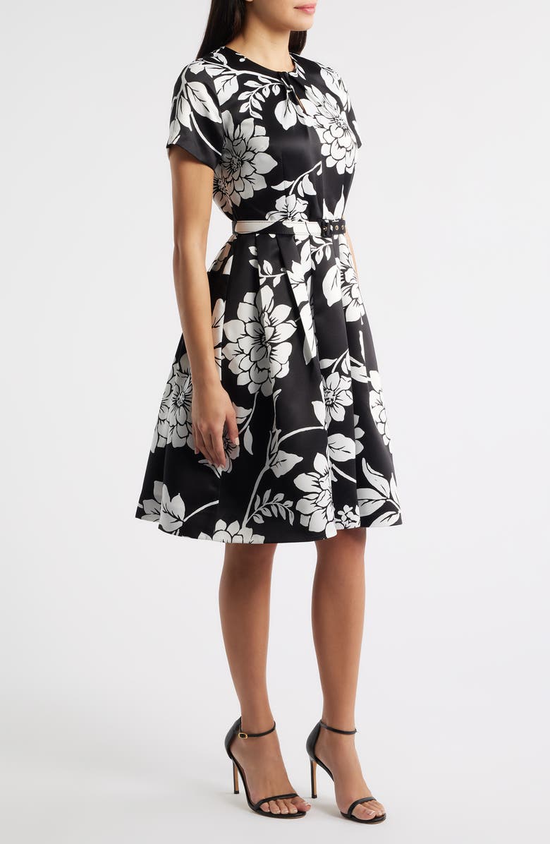 Tahari ASL Floral Fit & Flare Dress, Alternate, color, Black White