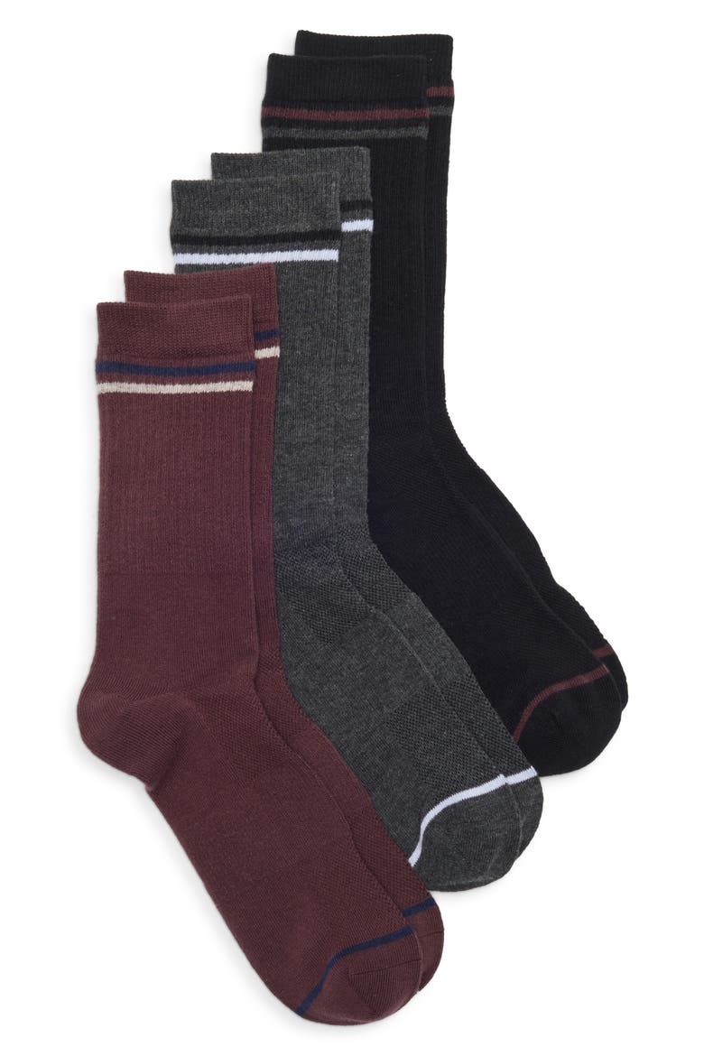 Athleisure 3-Pack Crew Socks, Main, color, BURGUNDY- BLACK MULTI