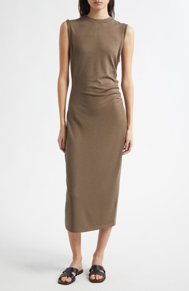 Vince Side Ruched Sleeveless Knit Midi Dress, Main, color, Moss Smoke