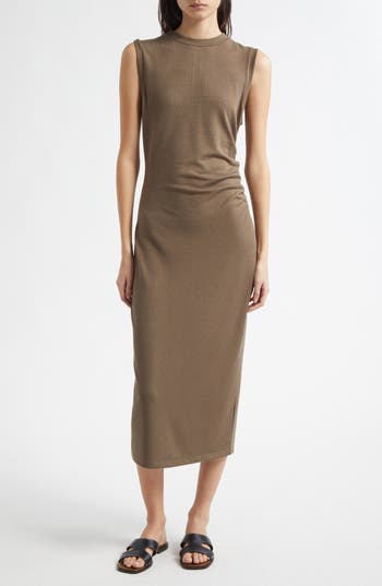 Vince Side Ruched Sleeveless Knit Midi Dress In Green