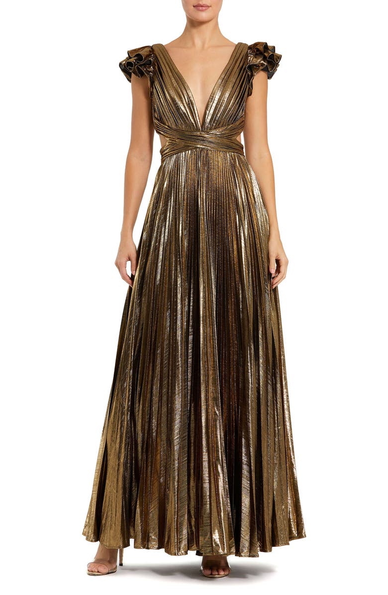 Mac Duggal Pleated Metallic Gown with Ruffle Sleeves and Waist Cutout, Main, color, Antique Gold