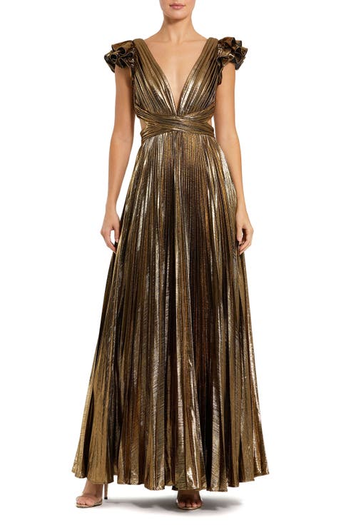 Pleated Metallic Gown with Ruffle Sleeves and Waist Cutout