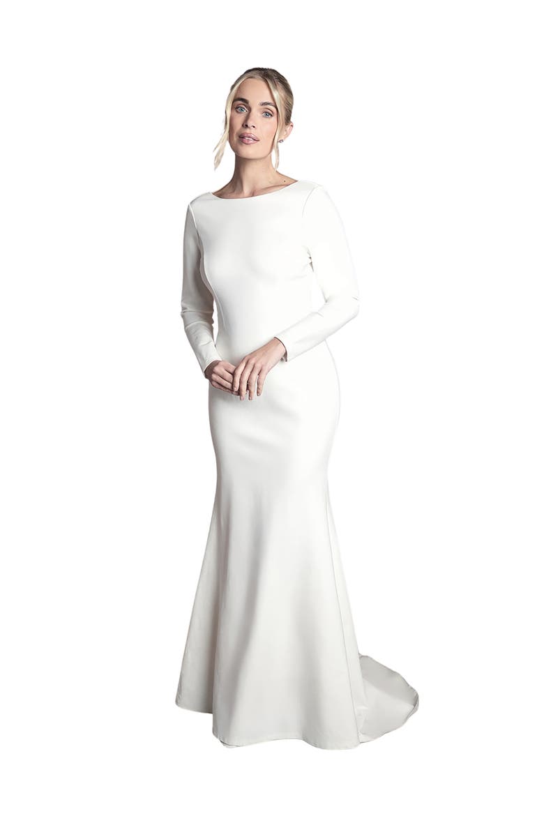 Petite Slash Neck Puddle Wedding Dress, Main, color, Ivory