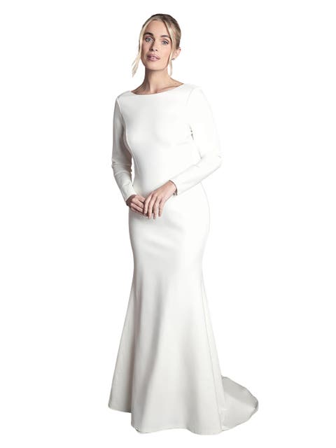 Petite Slash Neck Puddle Wedding Dress
