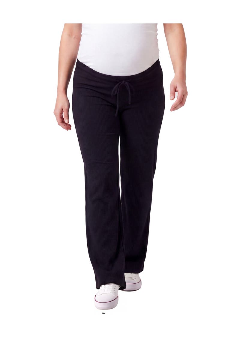 24seven Comfort Apparel Maternity Basic Ribbed Knit Drawstring Straight Leg Lounge Pants, Main, color, Black