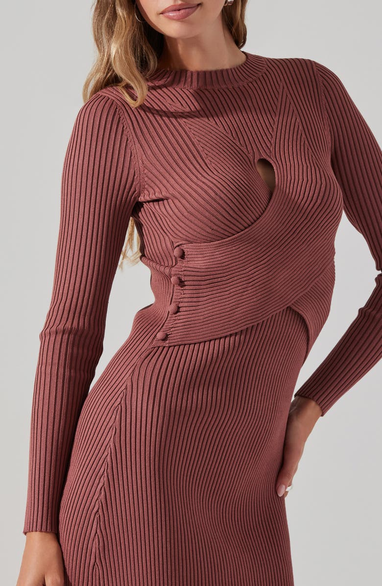 ASTR the Label Cutout Long Sleeve Ribbed Midi Sweater Dress, Alternate, color, Rosewood
