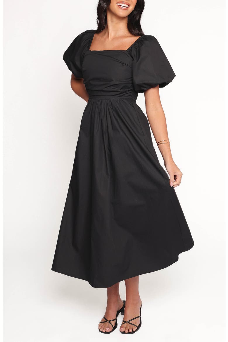 black midi dress with puff sleeves America Puff Sleeve Midi Dress