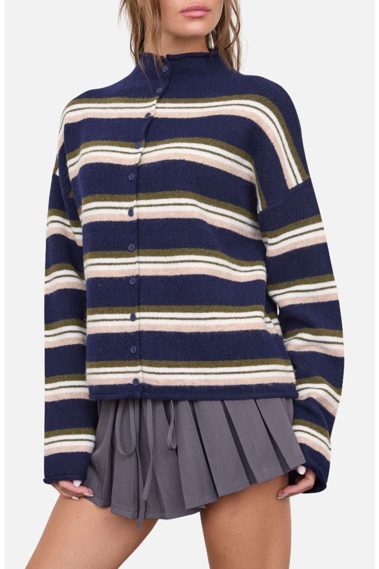 Stripe Mock Neck Cardigan, Main, color, NAVY MULTI