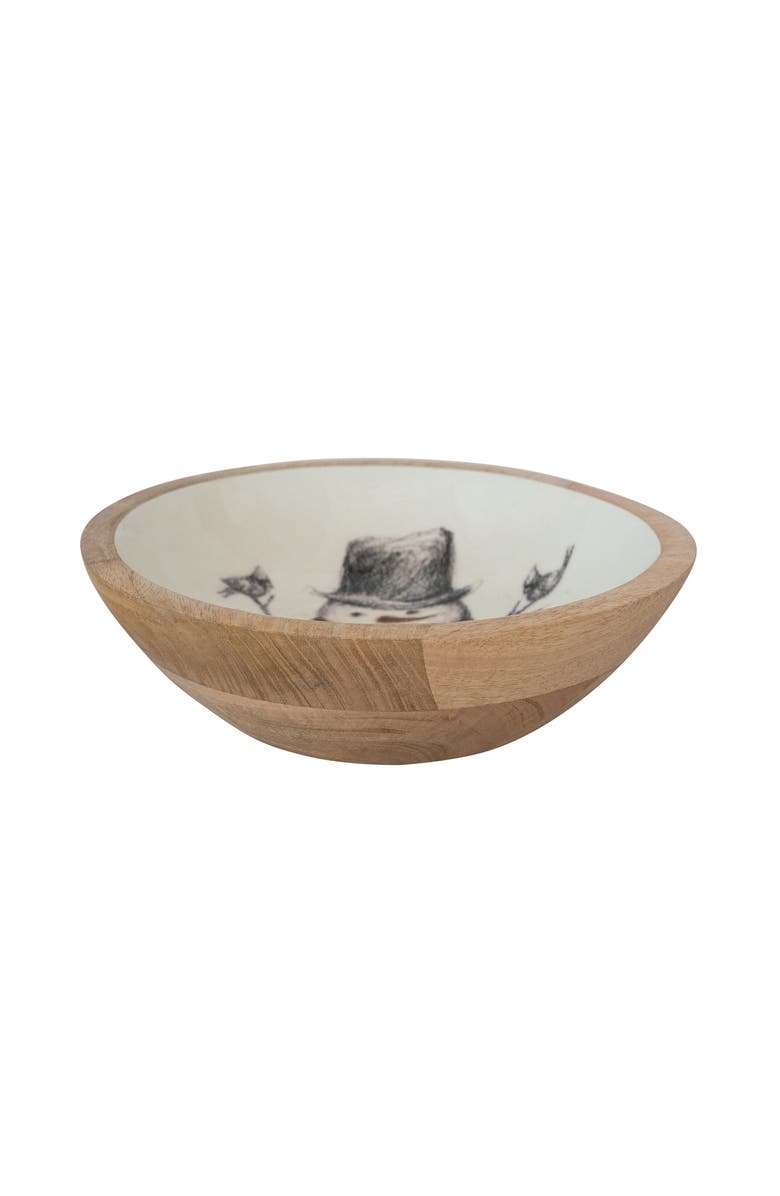 Storied Home Enameled Mango Wood Bowl with Snowman and Bird Image, Red, Black and White, Main, color, 