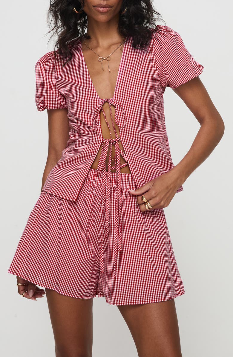 Princess Polly Arlina Gingham Cotton Tie Front Top & Shorts Set, Main, color,