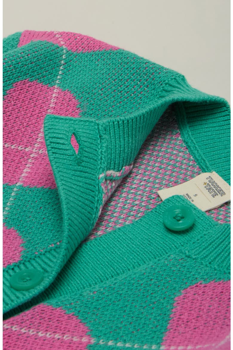 Kids' Heart Argyle Cotton Blend Jacquard Cardigan, Alternate, color, GREEN CYAN HEART ARGYLE