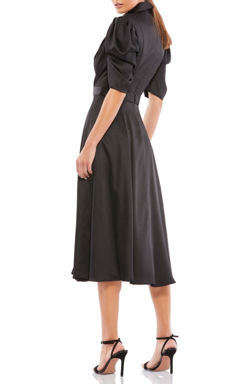 Mac Duggal Satin Lapel Puff Sleeve Tea Length Dress In Black