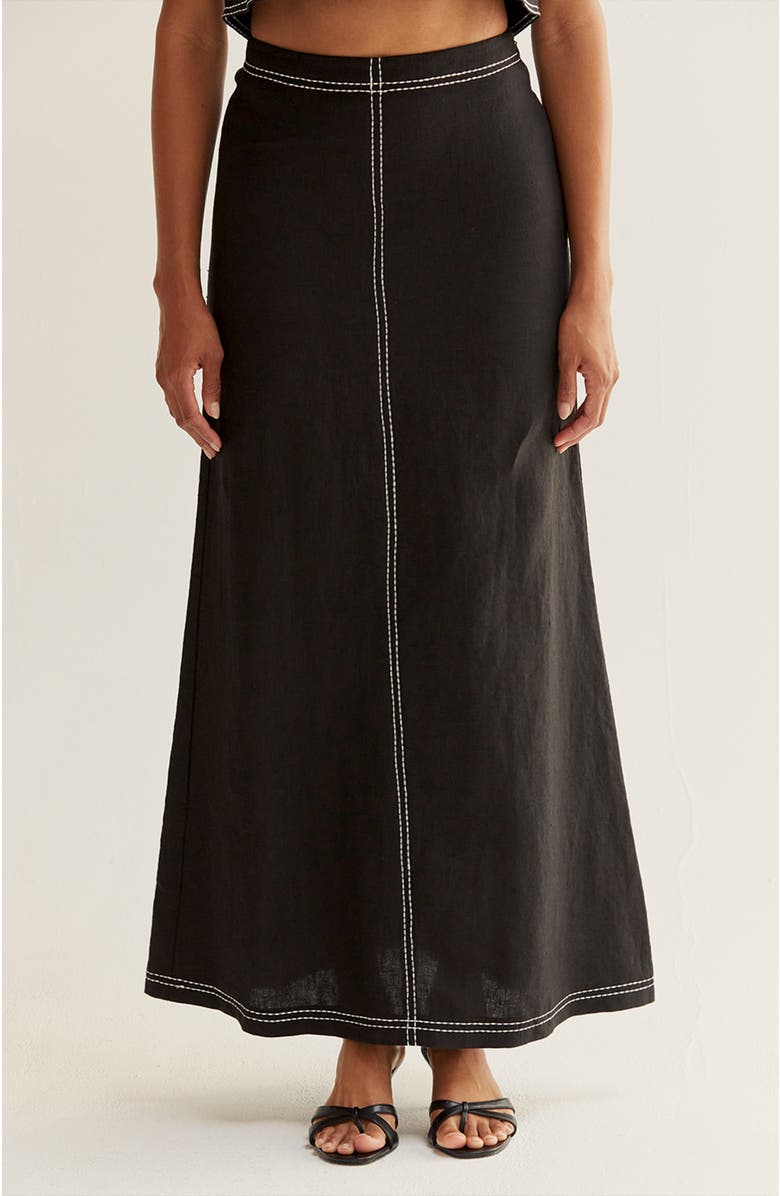 CRESCENT Embroidered Contrast Stitch Linen Maxi Skirt, Main, color, Black