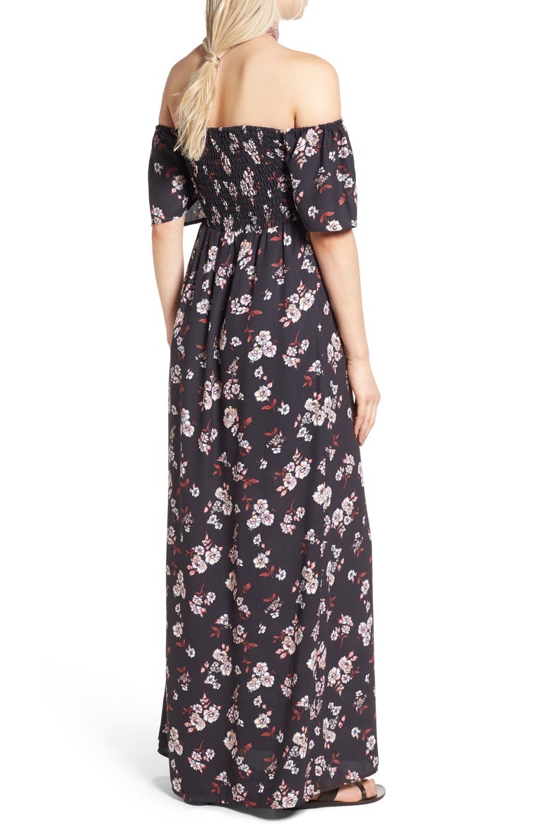 Smocked Off the Shoulder Maxi Dress, Alternate, color, BLACK FLORAL