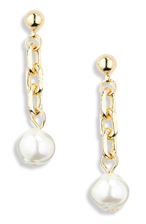 Demi-Fine Chain Faux Pearl Drop Earrings