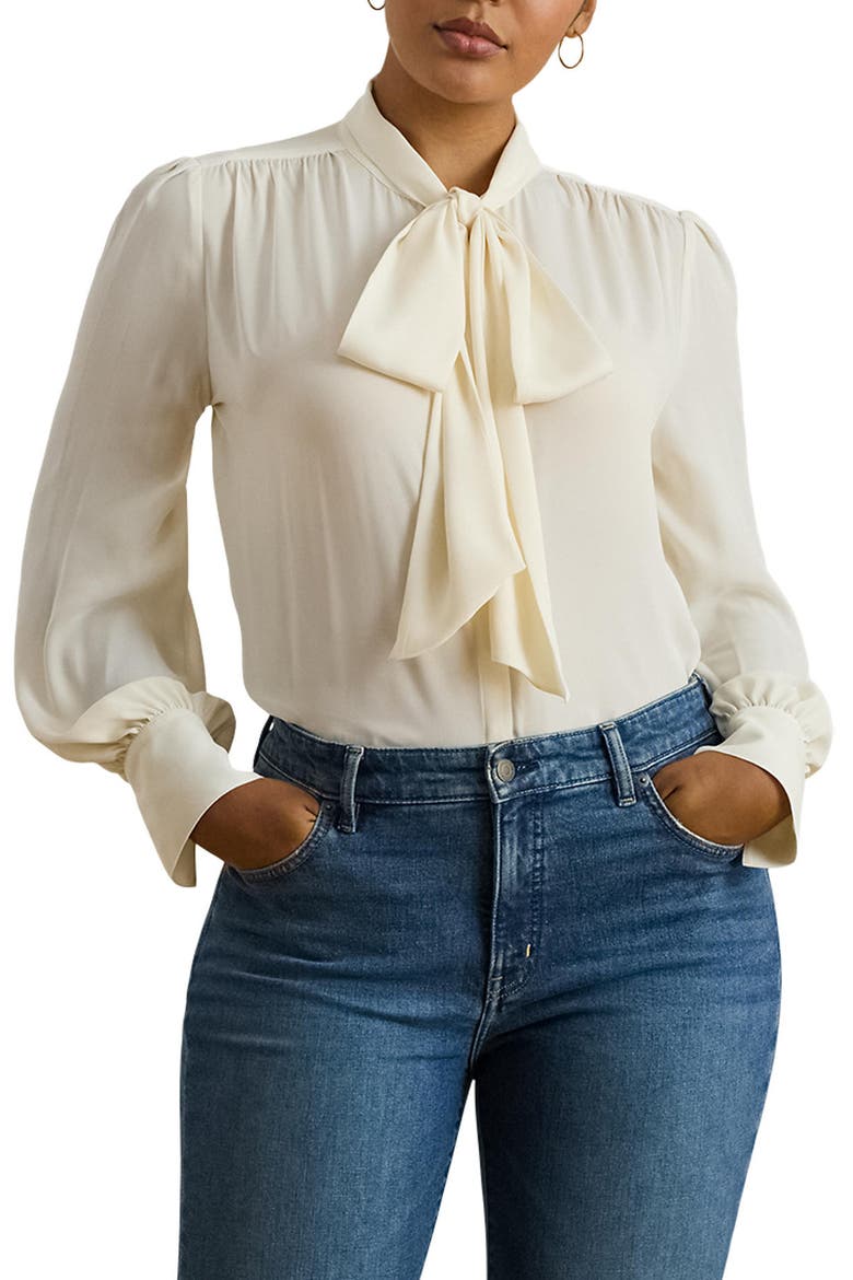 Georgette Tie Neck Shirt, Alternate, color, WINTER CREAM