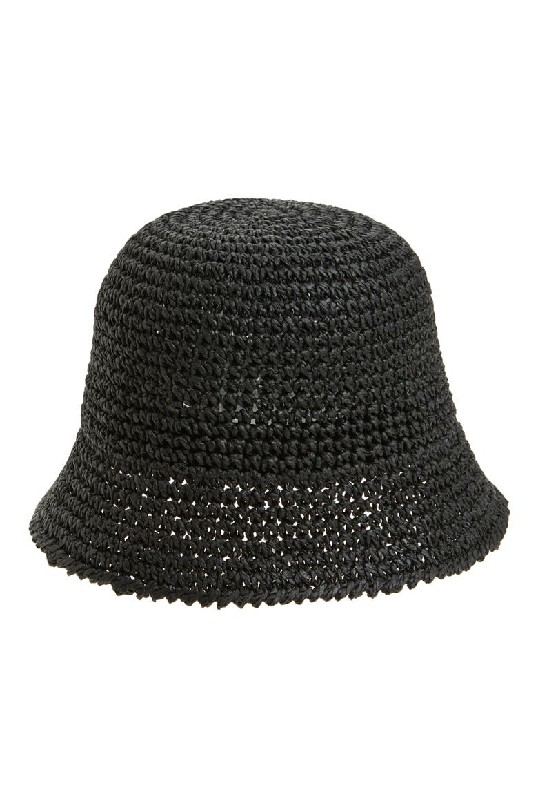 Crochet Stitch Straw Bucket Hat, Main, color, BLACK