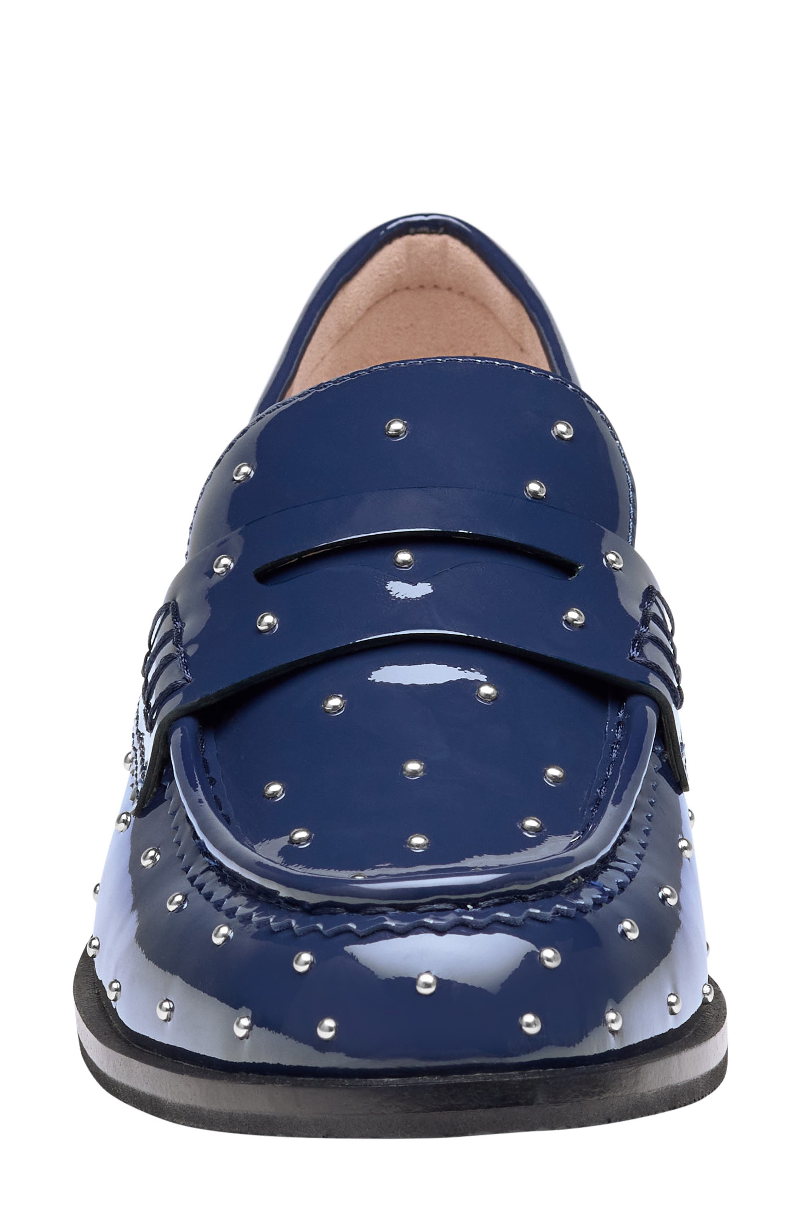 Gillian Studded Patent Leather Penny Loafer, Alternate, color, NAVY PATENT LEATHER