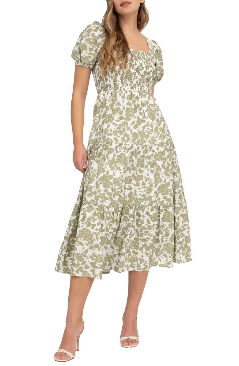AUGUST SKY Floral Puff Sleeve Smocked Midi Dress, Main, color, Olive Multi
