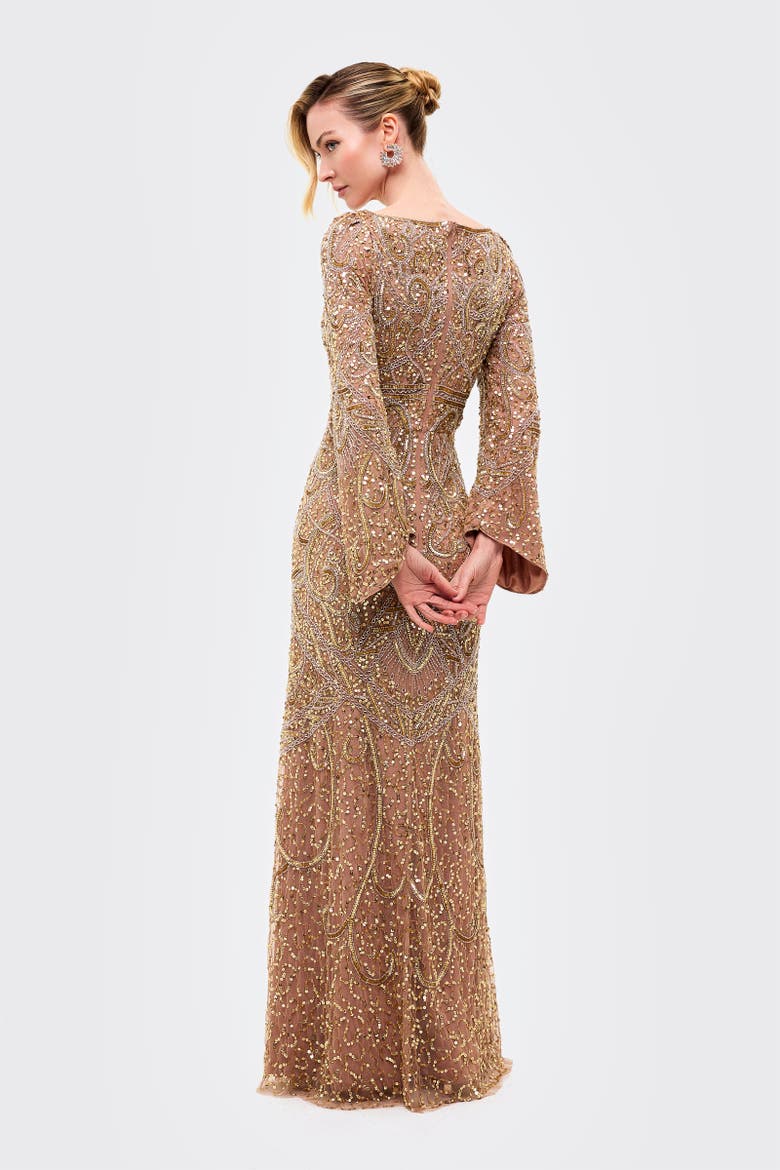 Embellished Sequin V-Neck Maxi Dress, Alternate, color, TAUPE BLUSH