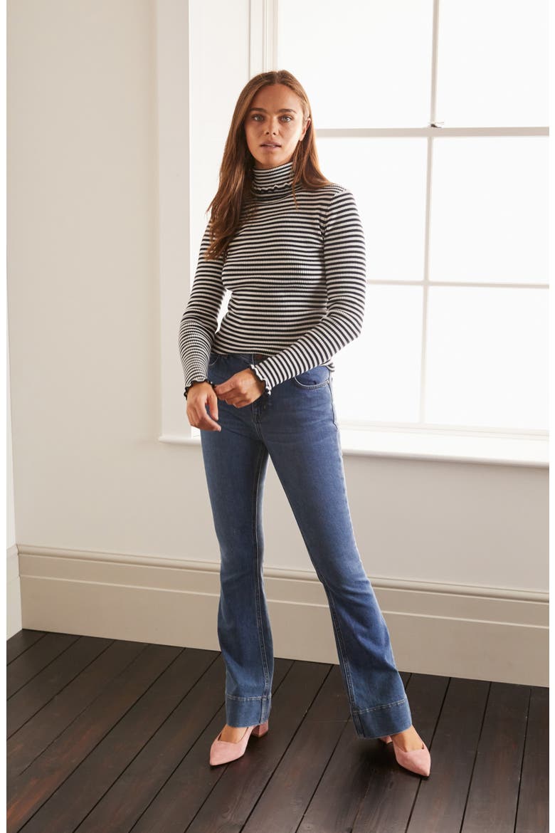 Frill Turtleneck Cotton Blend Sweater, Alternate, color, NAVY/ IVORY STRIPE