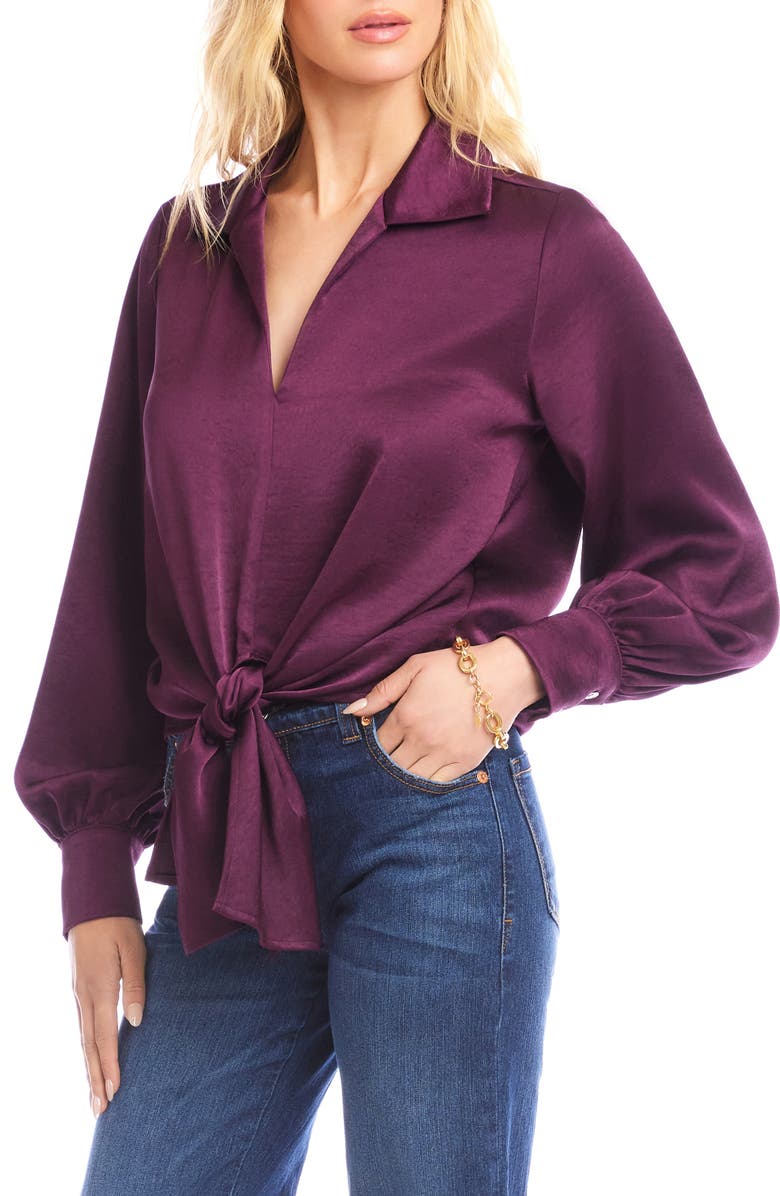 Karen Kane Tie Front Satin Top, Alternate, color, Eggplant