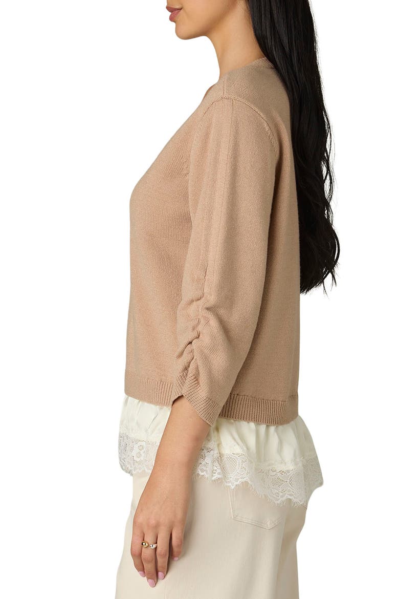 Layered Lace Trim Ruched Sleeve Sweater, Alternate, color, PALE OAK/ ECRU