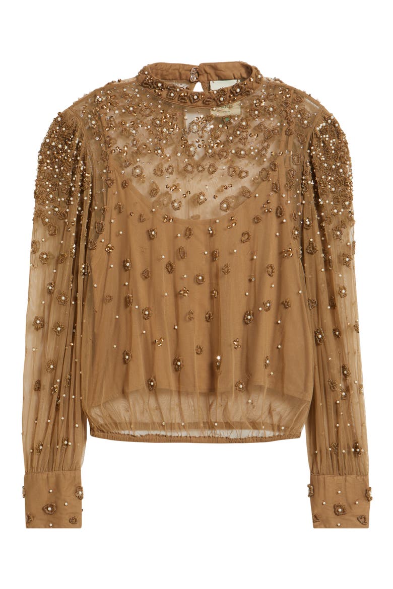 Embroidered Tulle Lined Blouse, Alternate, color, CARAMEL
