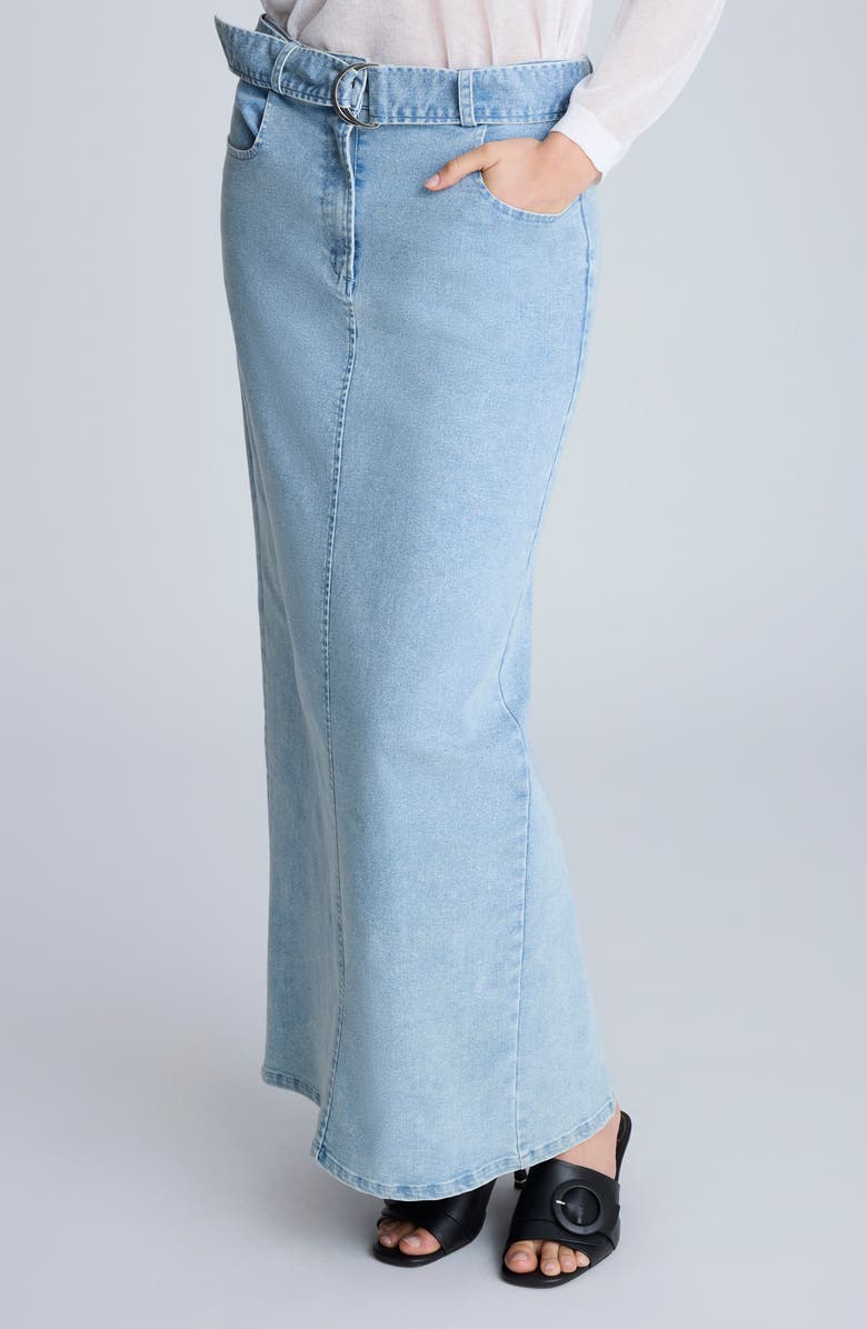 Kenneth Cole Belted Denim Maxi Skirt, Alternate, color, Nu Wash