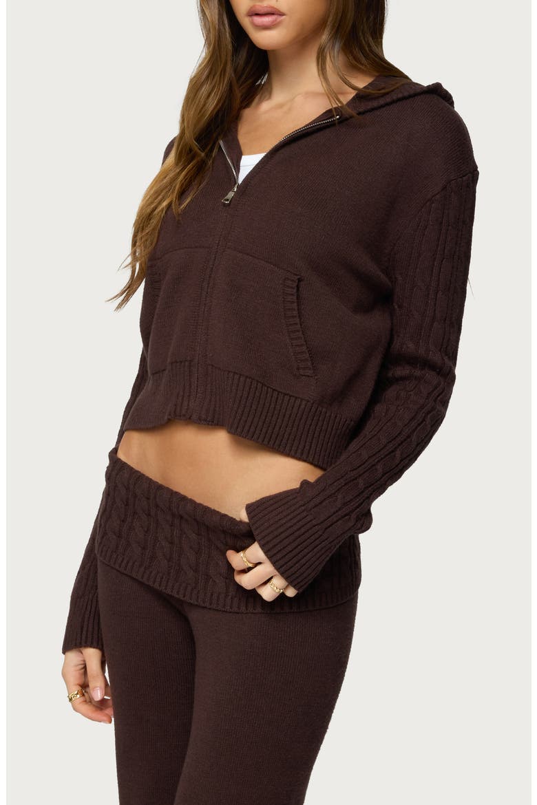 Lula Cable Knit Hooded Zip-Up Cardigan, Alternate, color, BROWN