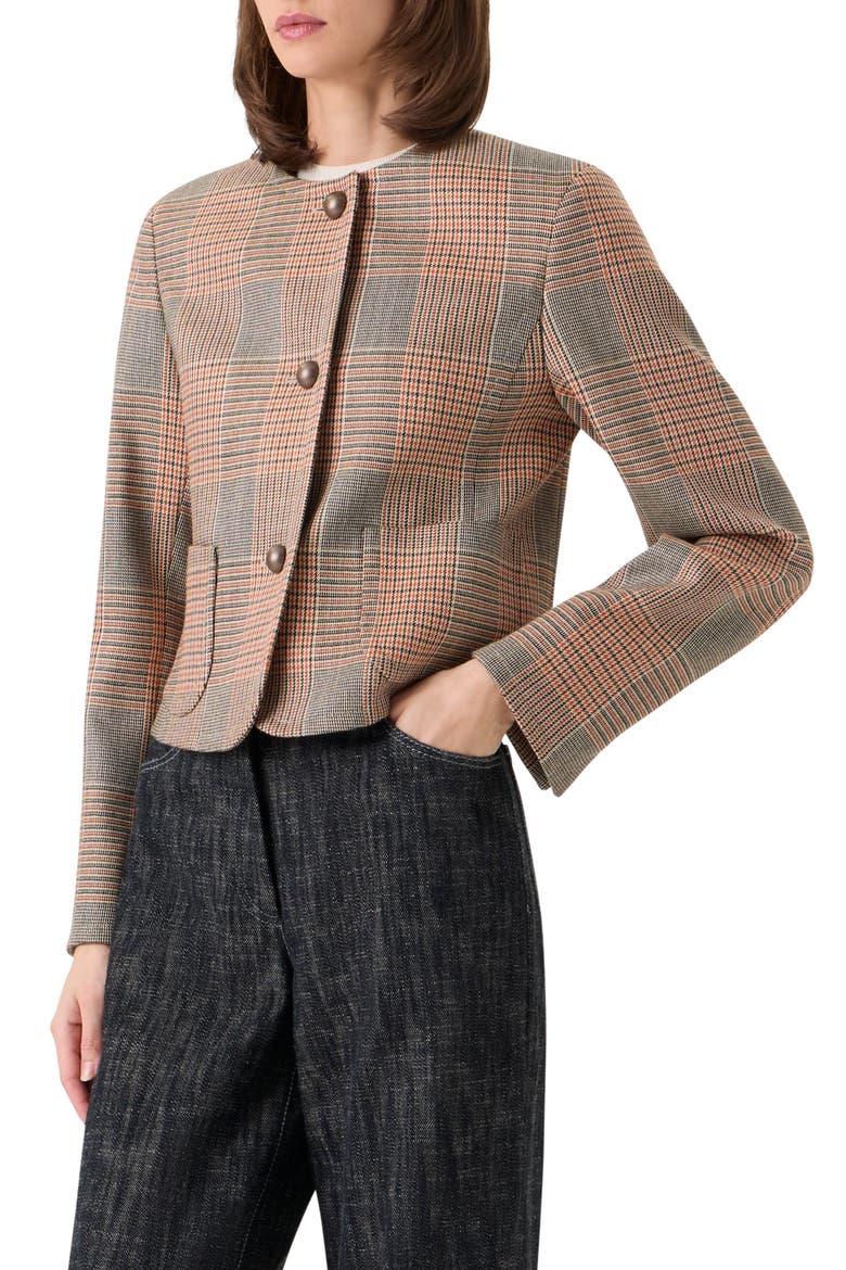 Glen Plaid Collarless Stretch Wool Jacket, Alternate, color, BEIGE-MOCCA-ORANGE