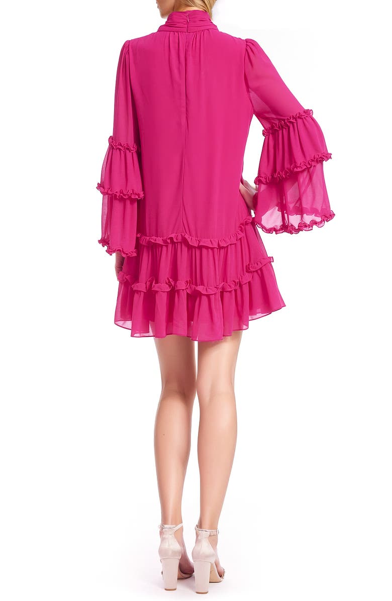 Jewel Badgley Mischka Tiered Ruffle Long Sleeve Keyhole Cutout Trapeze Dress, Alternate, color, Pink