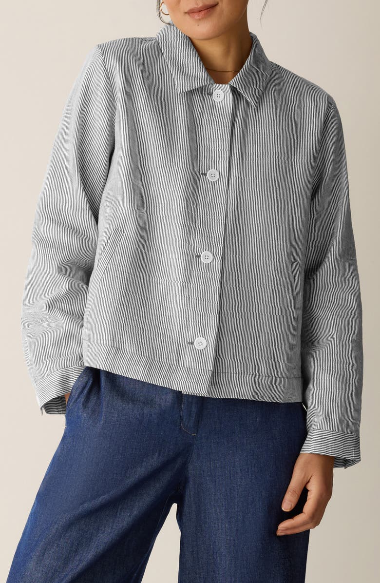 Eileen Fisher Stripe Classic Collar Linen Blend Jacket, Main, color, Wren