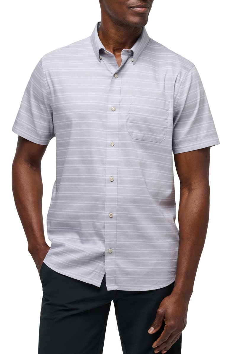 TravisMathew On the Table Stripe Short Sleeve Stretch Button-Up Shirt, Main, color, Micro Chip