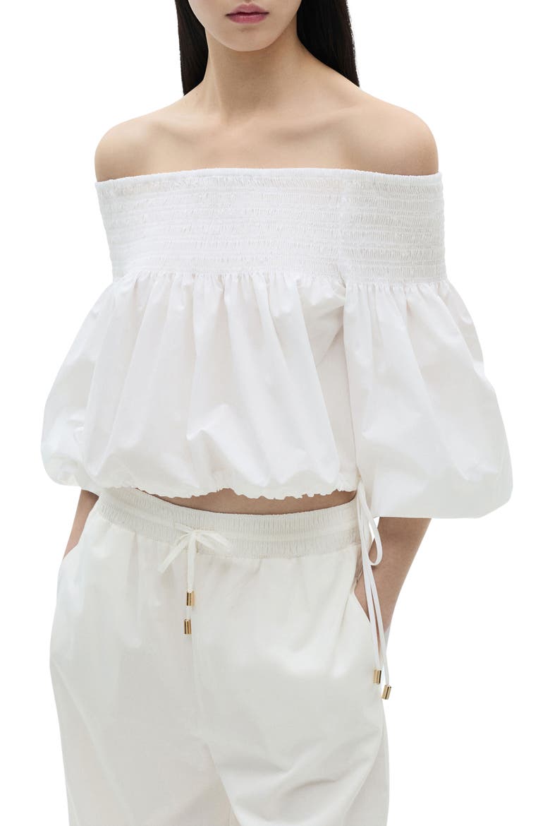 Gathered Off the Shoulder Cotton Blend Top, Main, color, WHITE