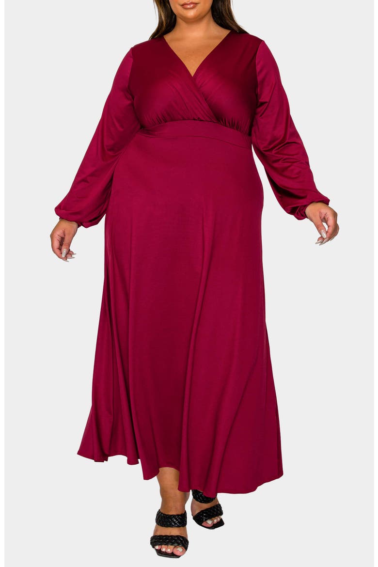 Sophia Surplice Neck Long Sleeve Satin Maxi Dress, Main, color, BURGUNDY