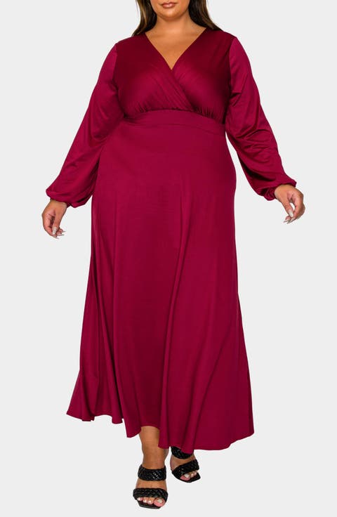 Sophia Surplice Neck Long Sleeve Satin Maxi Dress (Plus)