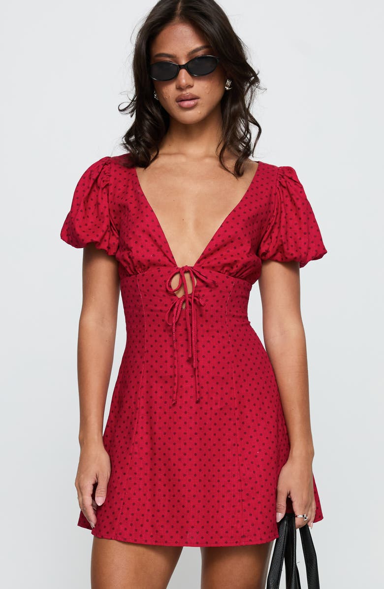 Princess Polly Beloved Polka Dot Puff Sleeve Linen Blend Minidress, Alternate, color, Red