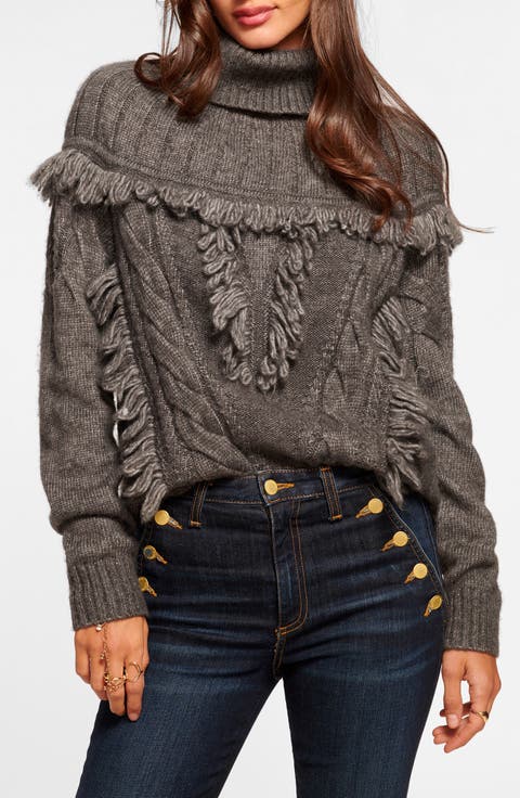 Mya Cable Stitch Fringe Turtleneck Sweater