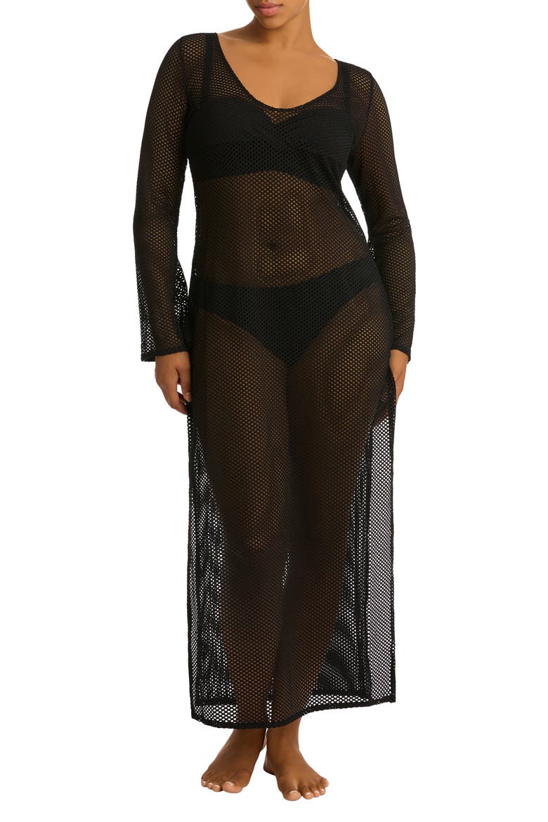 Surf Long Sleeve Mesh Cover-Up Dress, Main, color, BLACK