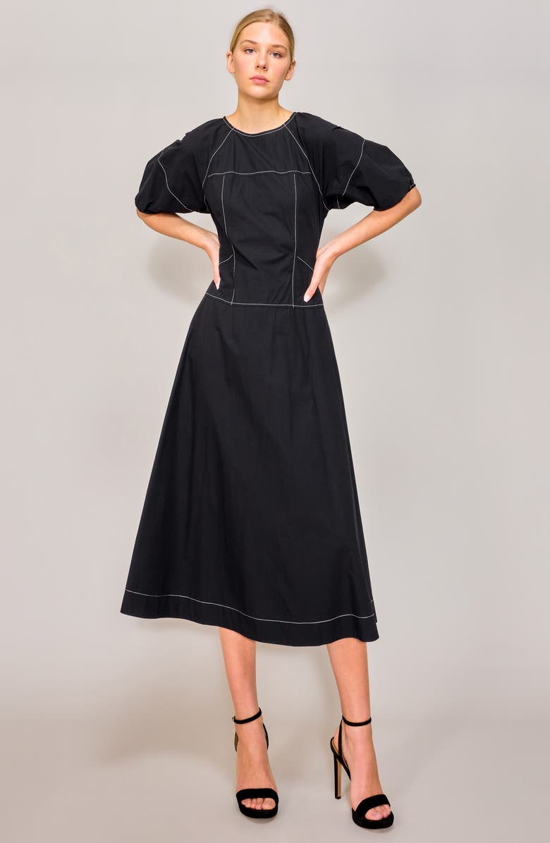 MELLODAY Stitch Detail Puff Sleeve A-Line Midi Dress, Alternate, color, 