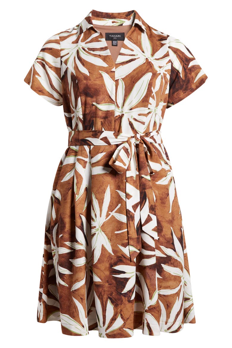 Print Tie Belt Midi Shirtdress, Alternate, color, BARK PALM
