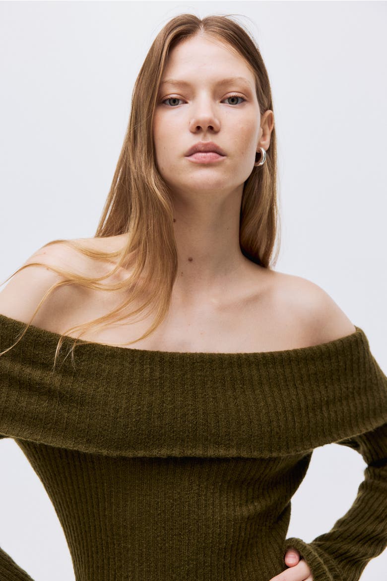 Rib-knit Off-the-shoulder Dress, Alternate, color, Dark khaki green