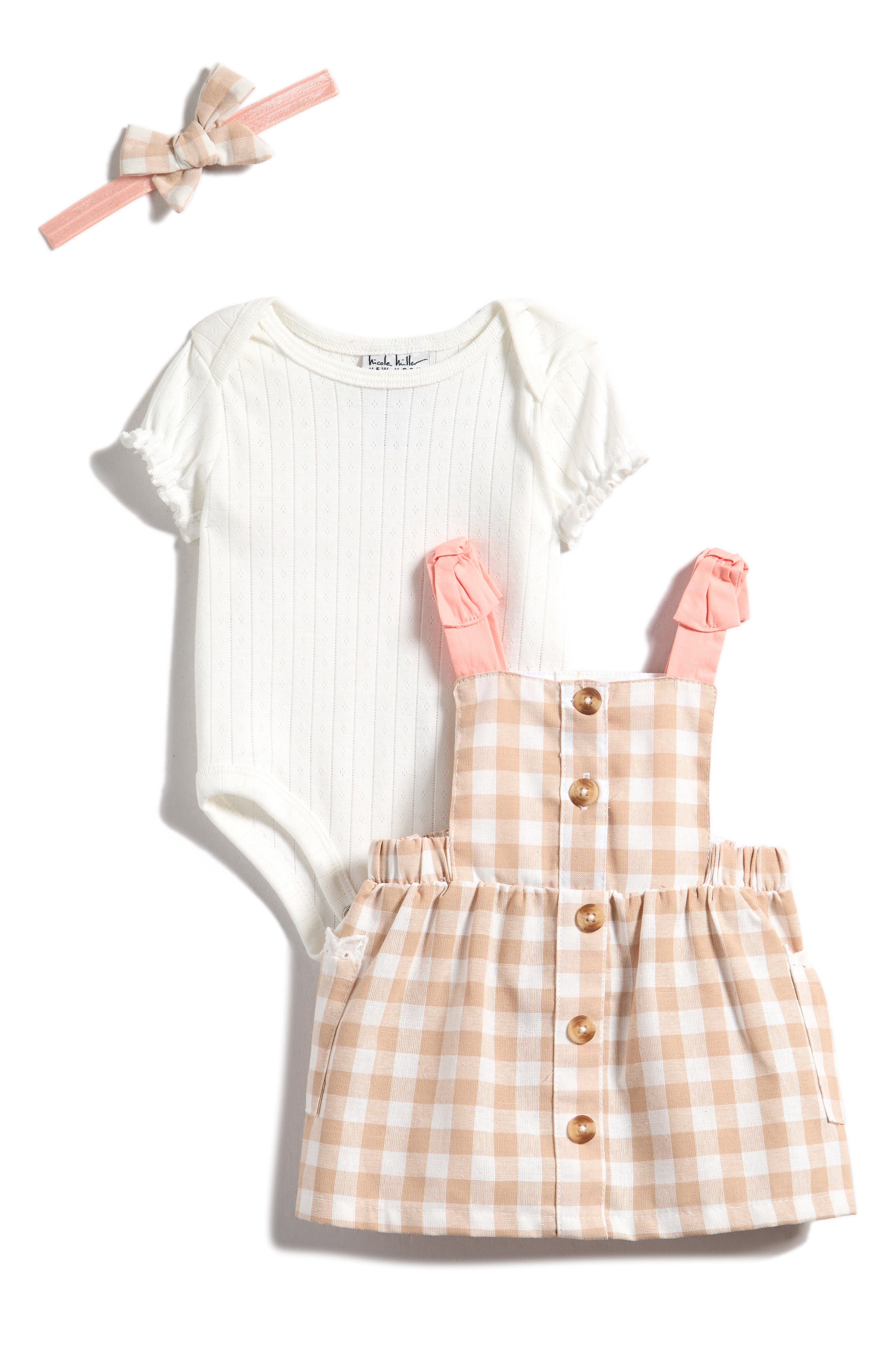 Nicole Miller Gingham Jumper, Bodysuit & Headband Set