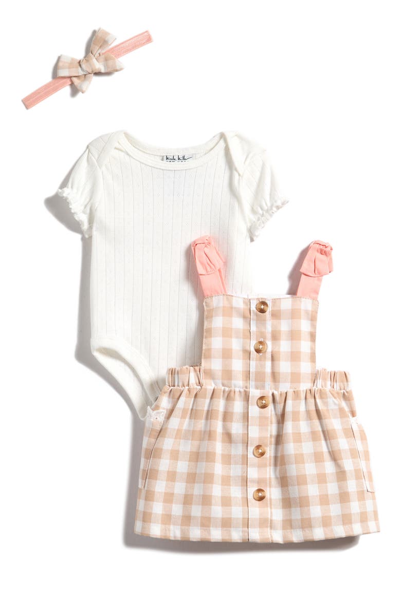 Gingham Jumper, Bodysuit & Headband Set, Main, color, MOONLIGHT GINGHAM