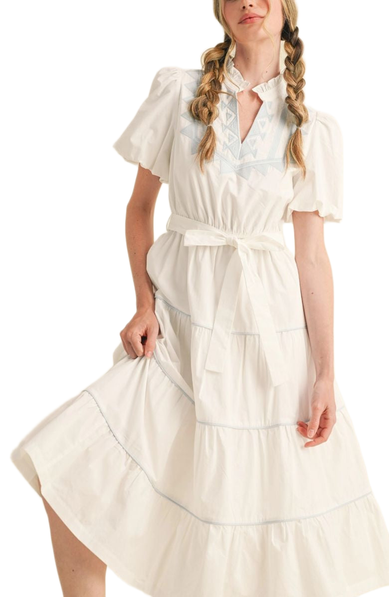 Knit and Lounge Embroidered Midi Dress with Puff Sleeves, Alternate, color,