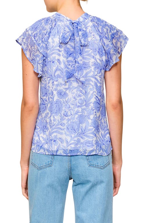 Melloday Flutter Sleeve Chiffon Top In Ivory/blue Toile