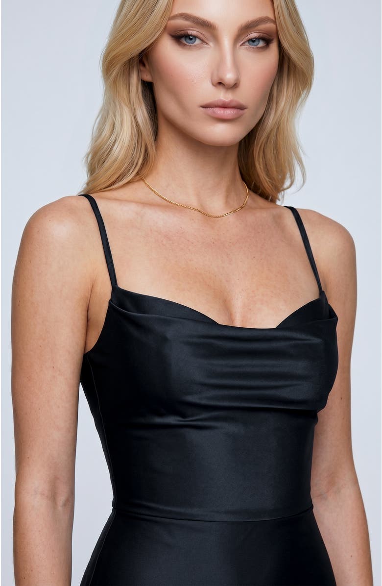 Jessica Angel Cowl Neck Lace-Up Open Back Mermaid Gown, Alternate, color, Black