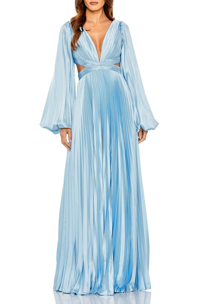Mac Duggal Long Sleeve Pleated Charmeuse Cut Out Gown, Main, color, Powder Blue
