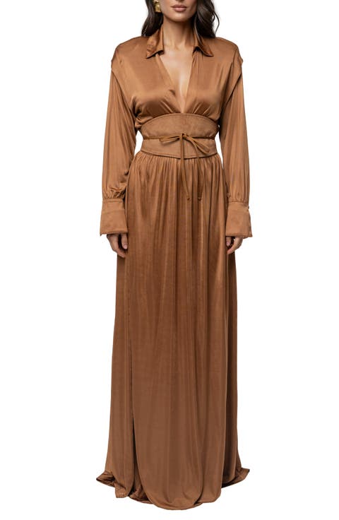 Collar Long Sleeve Satin Gown